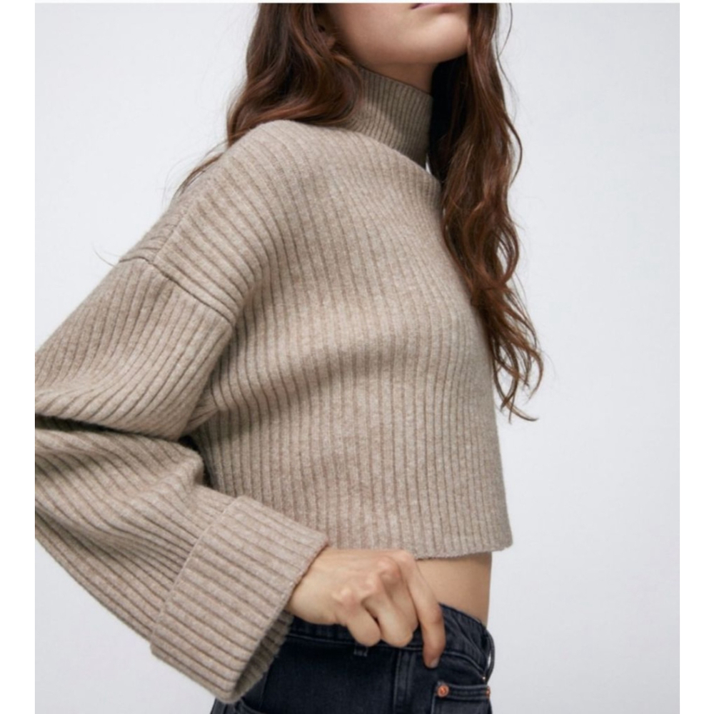 ZARA Ribbed Oversized Crop Length Cuffed Sleeved Mock Neck Sweater in Taupe - Picture 2 of 11